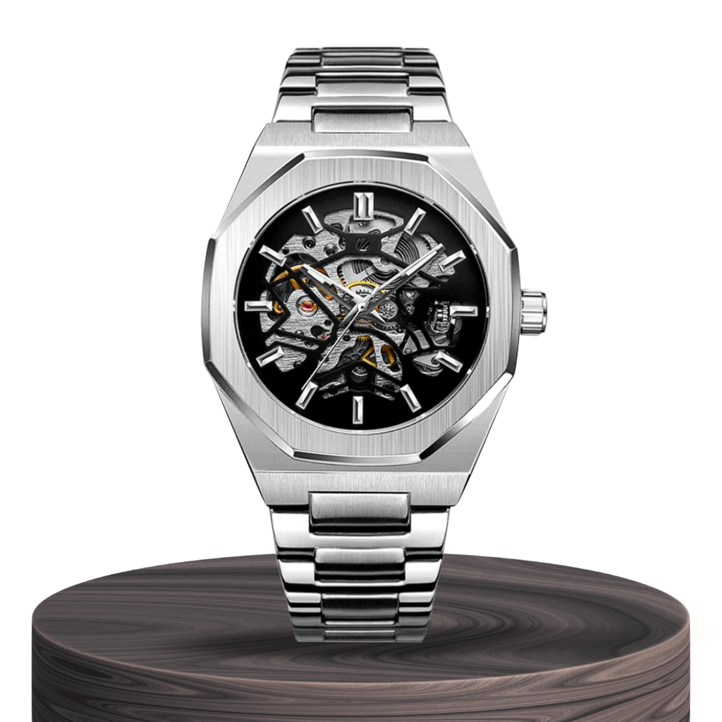 Luca | Intricate Skeleton Movement Bold Brushed Steel Watch | 42mm