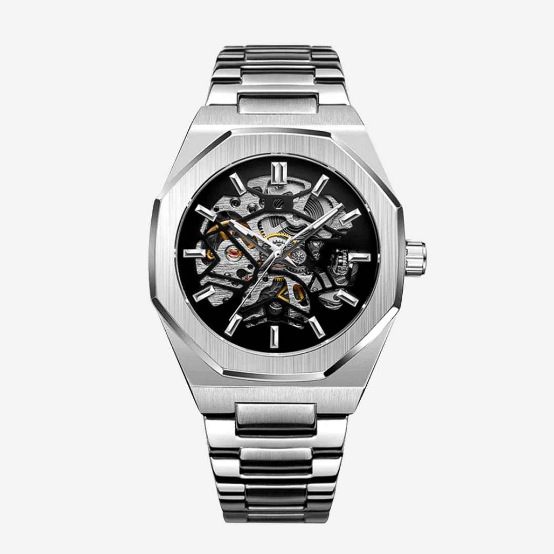 Luca | Intricate Skeleton Movement Bold Brushed Steel Watch | 42mm