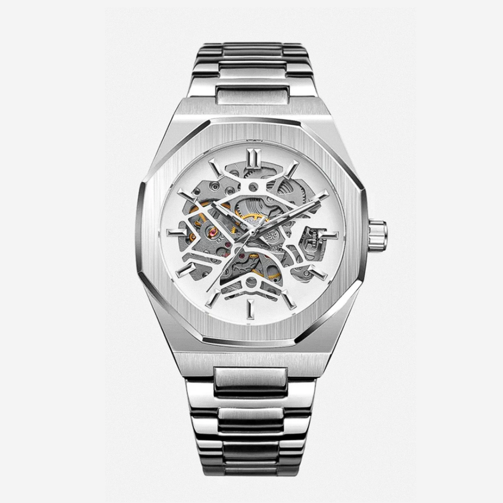 Luca | Intricate Skeleton Movement Bold Brushed Steel Watch | 42mm